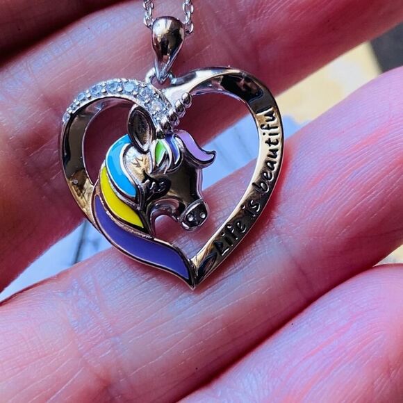 Unicorn Cz Heart Sterling Silver Necklace "Life Is Beautiful" - Picture 3 of 5